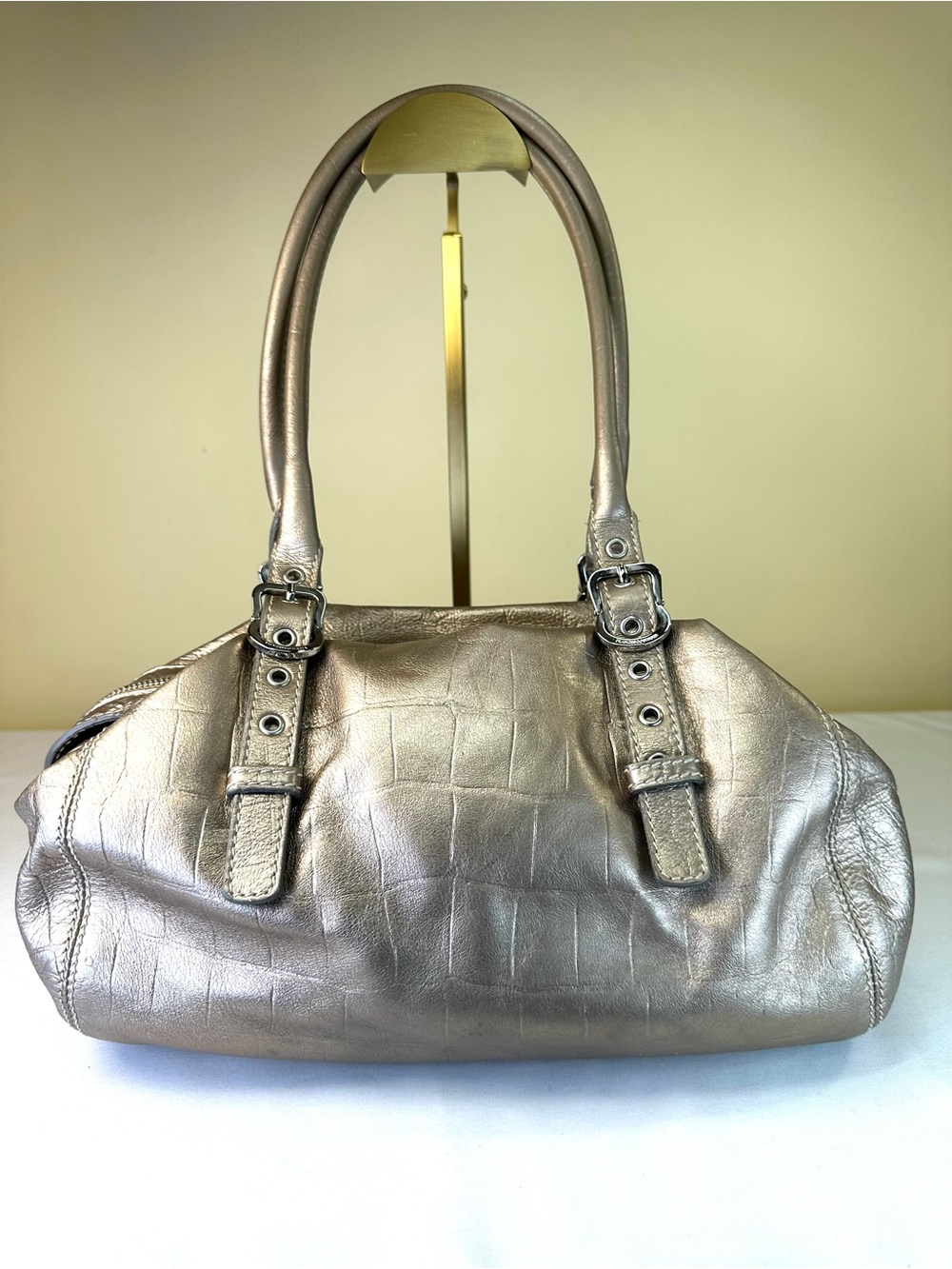 Francesco Biasia satchel metallic champagne gold croc embossed leather Italy Y2K